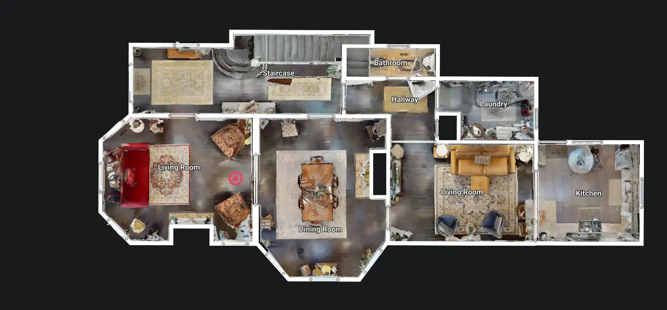 First-floor plan of Ola's Oasis, Savannah, GA: living room, dining room, eat-in kitchen, half bath, laundry, front porch; rear terrace.