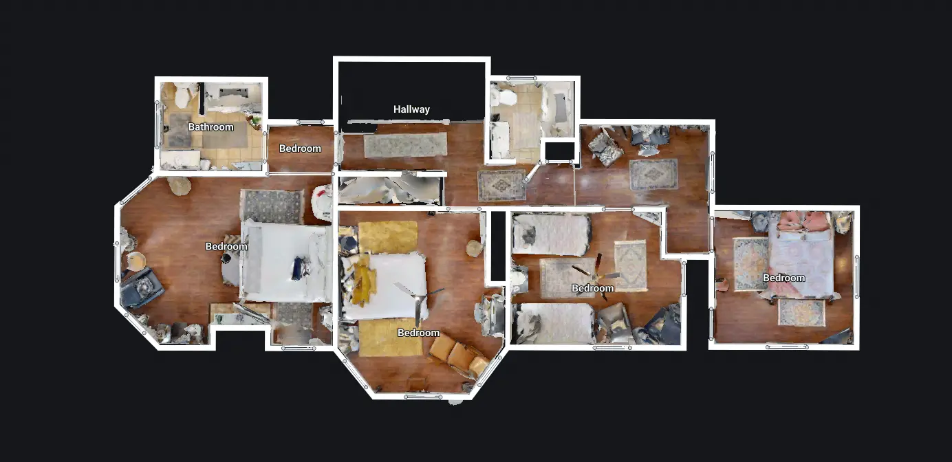Second-floor plan of Ola's Oasis, Savannah, GA: four bedrooms, two full bathrooms, desk nook, and front porch.